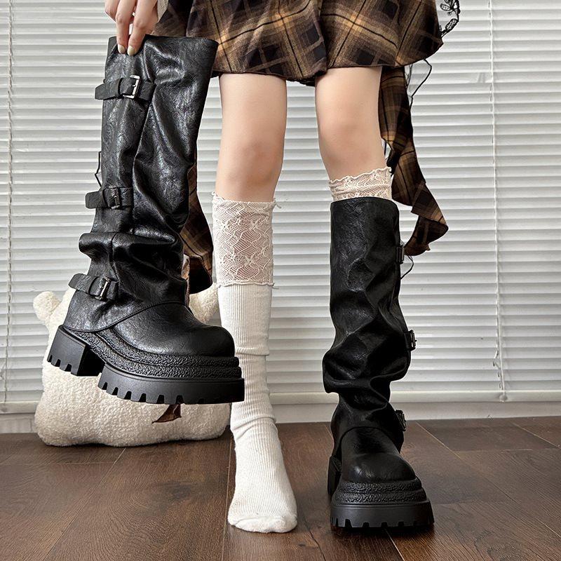 Radstiefel erhöhen die Höhe 2025 braun neue Plateaustiefel Ritterstiefel Damen Frühling und Herbst Schönheit Pile Retro Hosenrohr