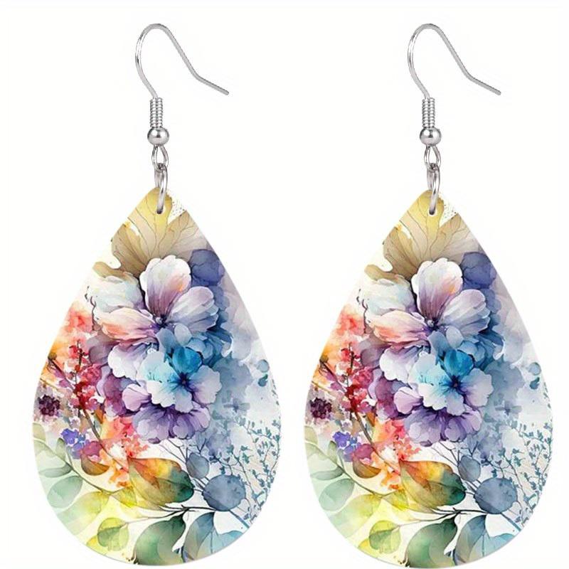 Colorful Flowers Branches Leaf Patterns PU Leather Earrings for Women Elegant Charming Earrings Jewelry Matching for Festivals, Banquets