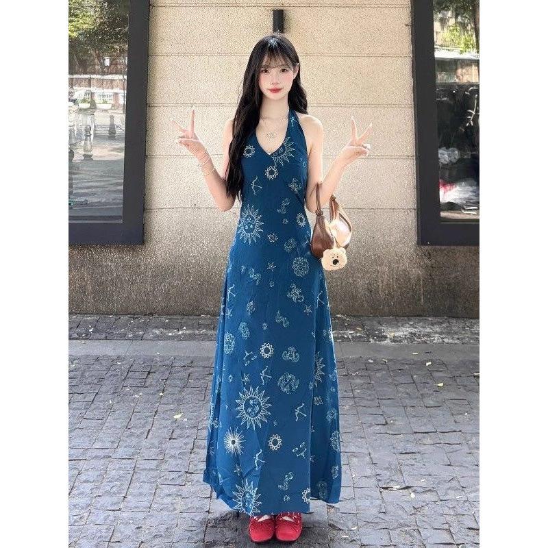 New retro vacation style blue v-neck neck vest dress children's summer waist dress