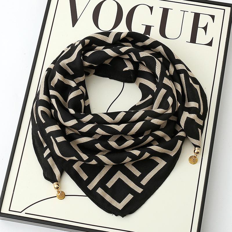 Women's 65" Silk Square Scarf with Magnetic Buckle – Autumn/Winter Print, Fashionable & Versatile Triangle Snood