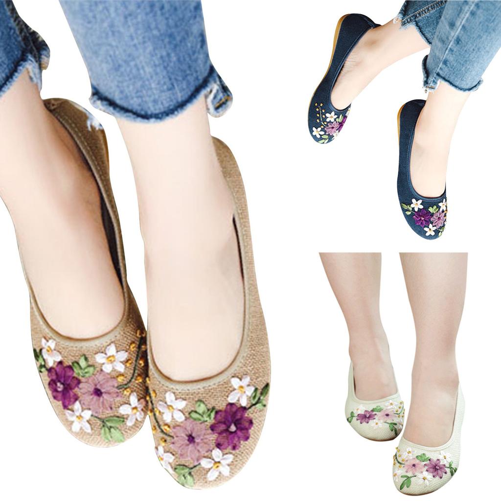 Cloth Shoes Women'S Single Shoes Ribbon Linen Breathable Embroidery Women'S Single Shoes Flat Heels Womens Flat Shoes Size 11