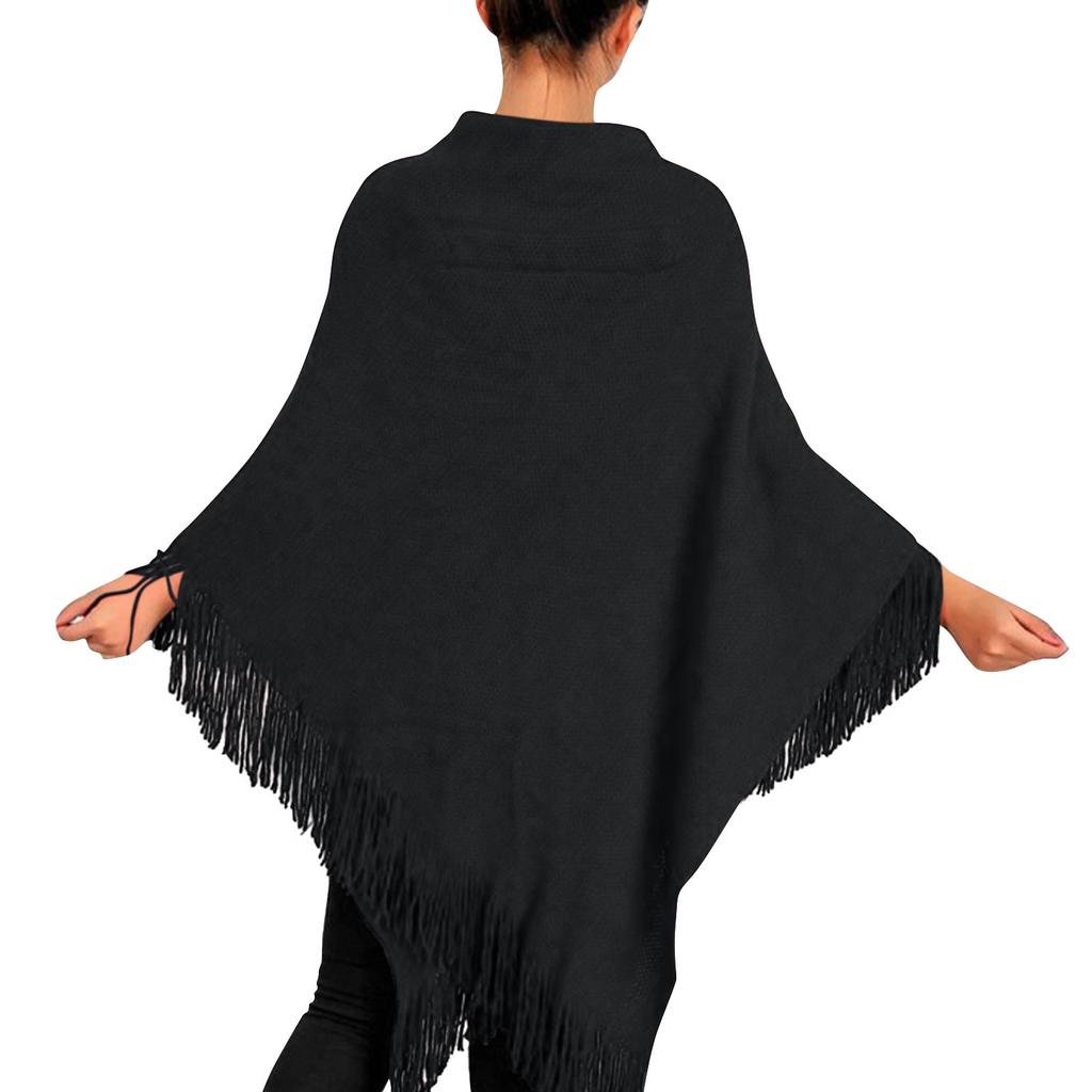 Women's Fashion Autumn/winter Thick Tassel Cape Horn Buckle Solid Color Cape Coat