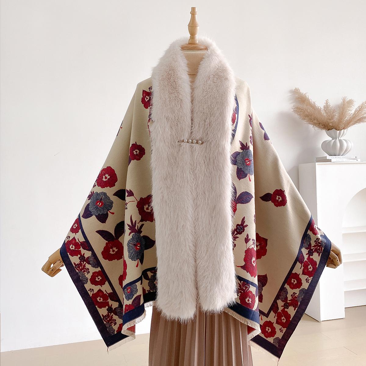 Herbst Winter Modisch Hochwertig Imitation Kaschmir Damen Jacquard Schals Gewebt Poncho Damen Umhänge Schal Umhänge Kunstpelz Schal gray