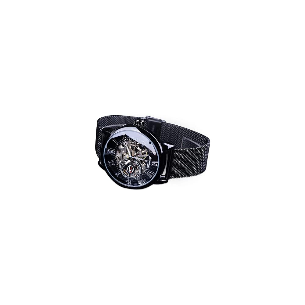 Forsining Men's Minimalist Retro Design Skeleton Watch Black with Transparent Business Mesh Band
