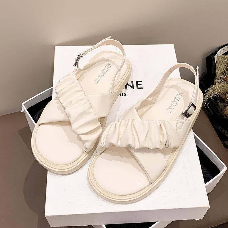 

Summer new sandals women s cross-strapped flat sandals buckle pleated student beach shoes 40 бежевый