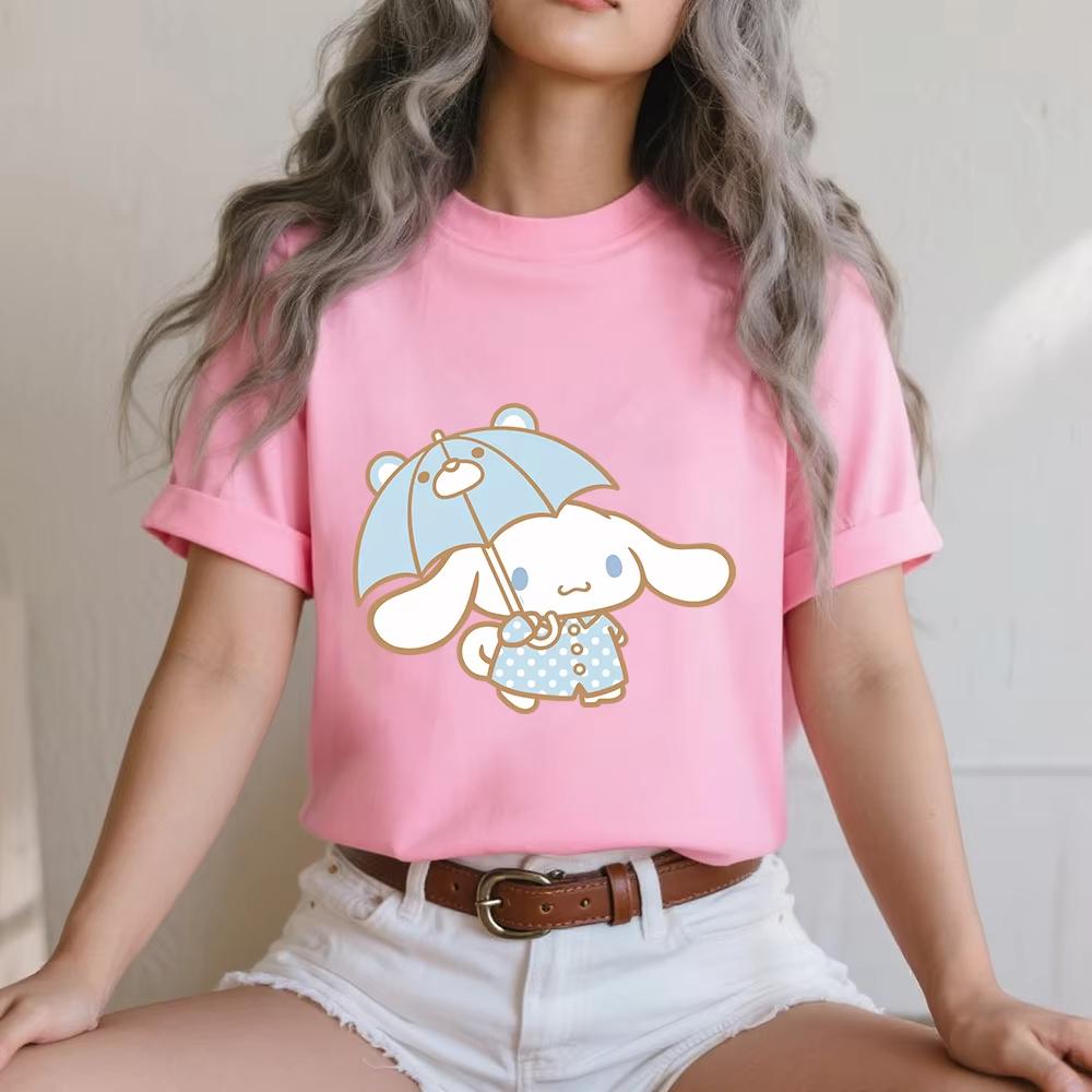 

2026 Summer Cinnamoroll Rainy Stroll Printed Casual Cotton T Shirt for Women Soft Comfortable Daily Wear S