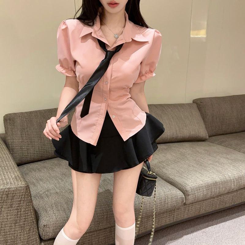 

Petite Women s Chic College-Style JK Uniform: Waist-Cinching Shirt & High-Waisted Puffy Skirt Set M