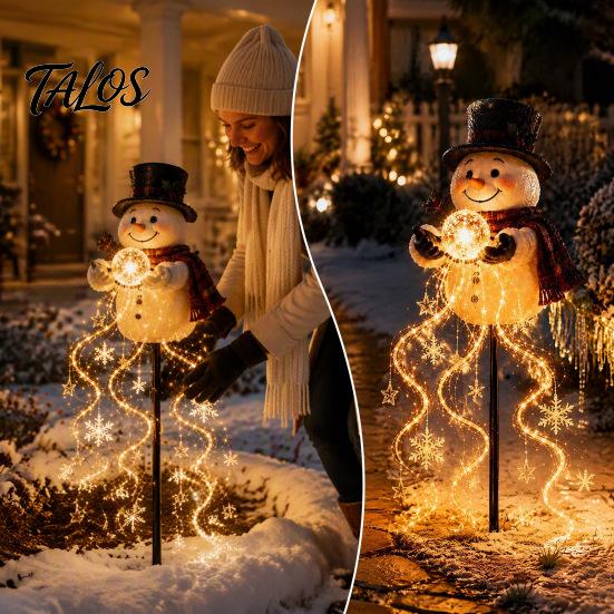 Decorative Hanging String Lights Solar Snowman Garden Light with Flowing Snowflakes, LED Christmas Waterfall Festive Lawn Snowflake Lighting