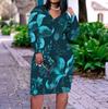Women Plus Size V Neck Long Sleeve Teal Floral Printed Fitted Straight Dress