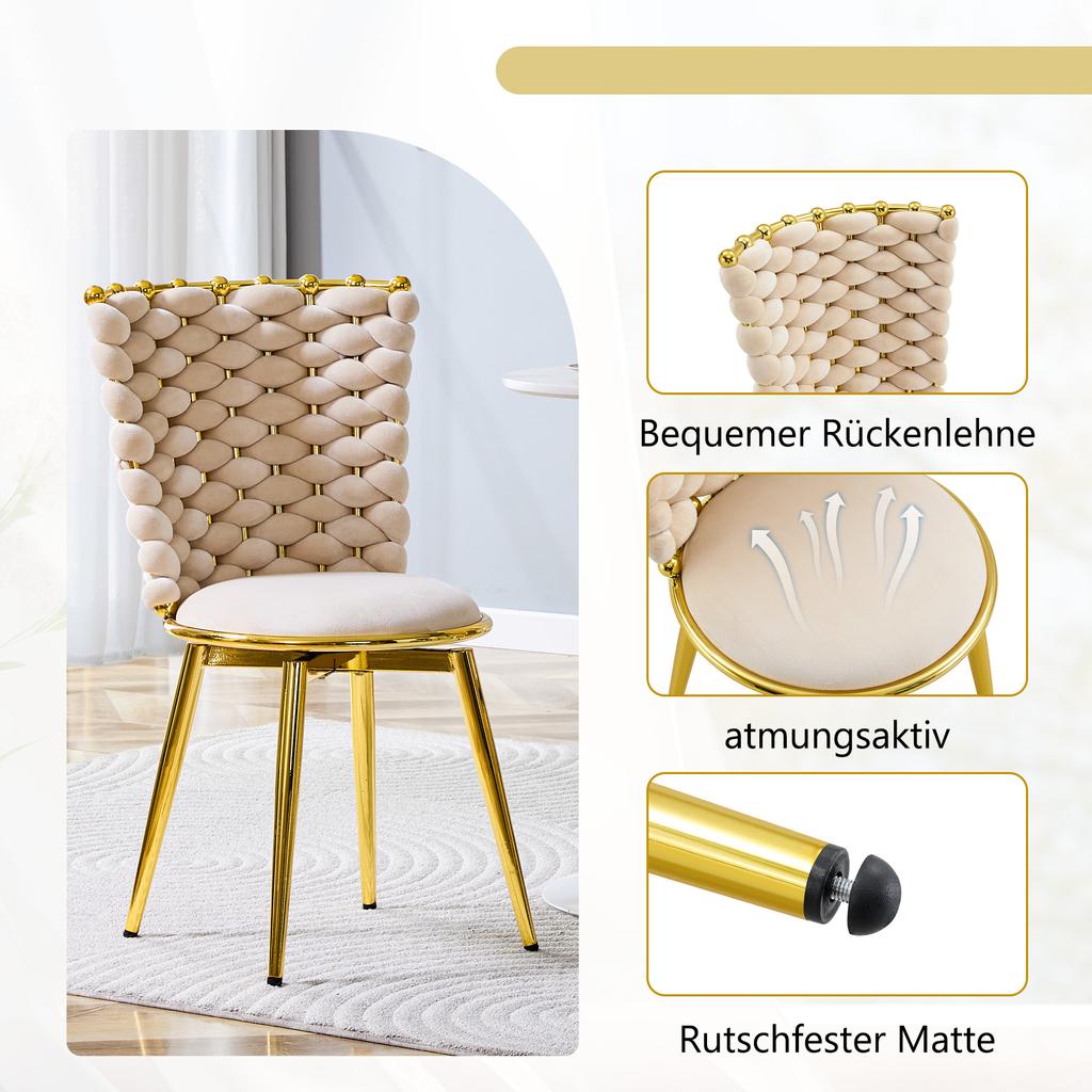 Set of 2 Decorative Dining Chairs Made of Velvet Fabric, with Gold-Colored Metal Legs, Upholstered Seats and Backrests Made of Braided Rope