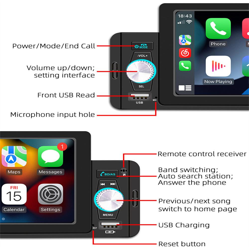 1 DIN 5 Inch Car Stereo Radio MP5 Player Compatible with Carplay & Android Auto