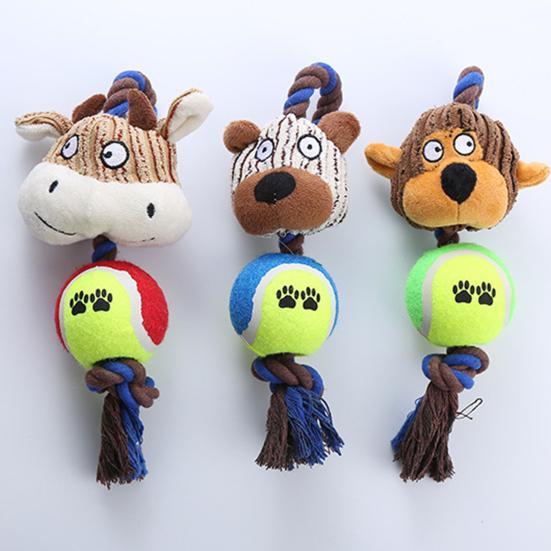 Plüsch Hundespielzeug Quietschende Tierkopf Tennisball Hund Kauspielzeug Interaktiver Seilknoten Zahnungsspielzeug für mittelgroße große Hunde Tauziehen Zahnpflege