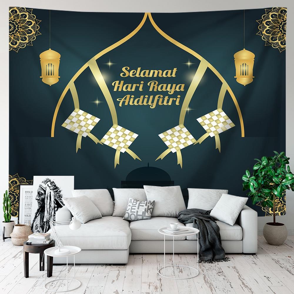 VIKAMA Green Gold Mosque Tapestry Ramadan Kareem Ramadan Wall Hanging Islamic Bedroom Decor Washable Art for Living Room