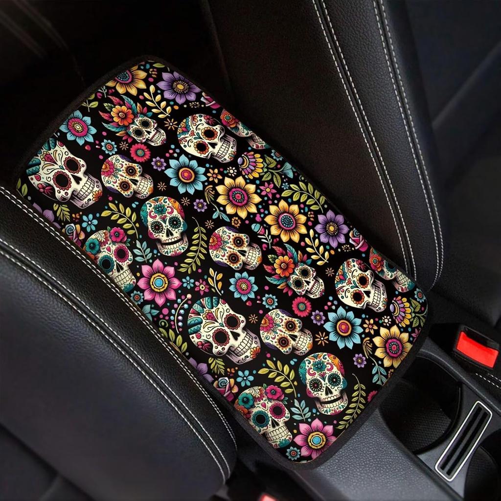 Dreaweet Stylish Spider Web Printed Black Car Center Console Armrest Cushion Cover Pad Soft Car Armrest Seat Box Cover Protector Auto Car Interior
