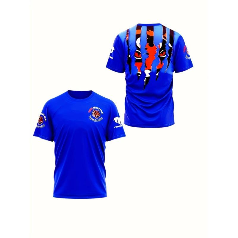 Men's sports T-shirt with round neck, short sleeves and stylish tiger face design, suitable for gym, MMA, running and outdoor activities