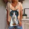 Sommer V-hals 3D Cat Printed Topp Fasjonable Casual Kortermede T-skjorter for kvinner