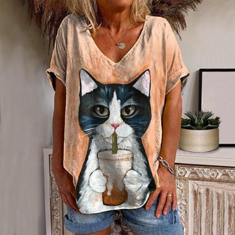 Sommer V-hals 3D Cat Printed Topp Fasjonable Casual Kortermede T-skjorter for kvinner