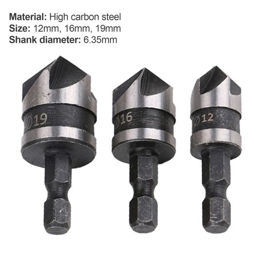 3Pcs Drill Bits 90 Degree 1/4 Hexagonal Handle Carbon Steel Chamfer Wood Work Hole Drill Bit for Board