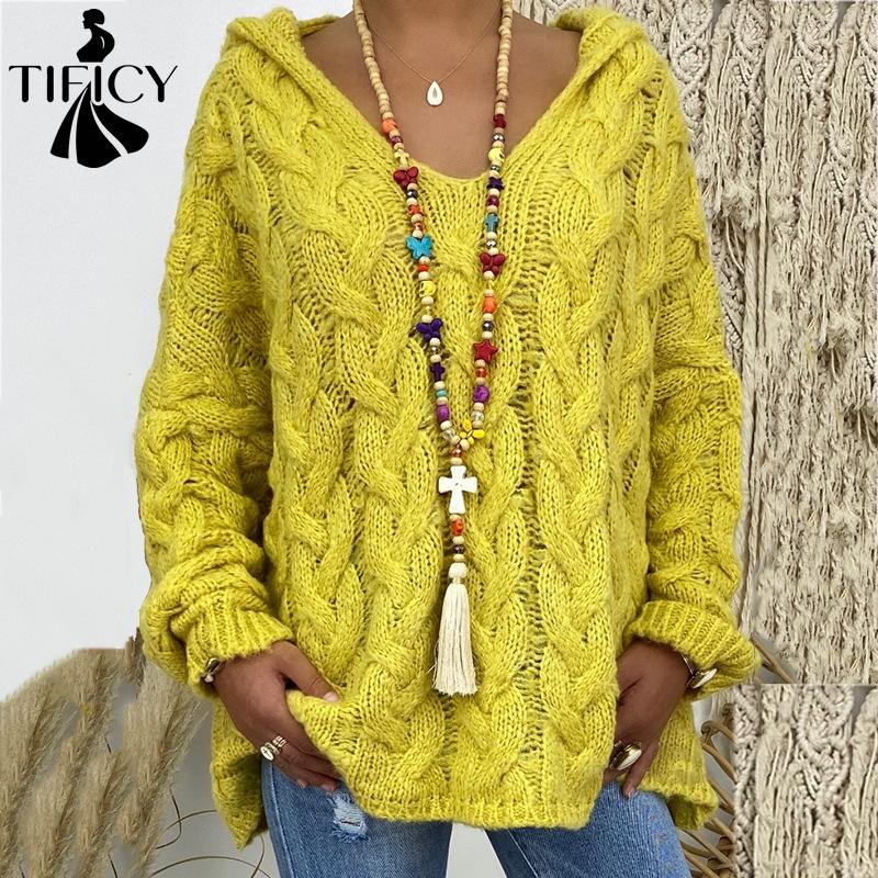 TIFICY Moda feminina casual outono inverno cor sólida estampa manga comprida suéteres com capuz