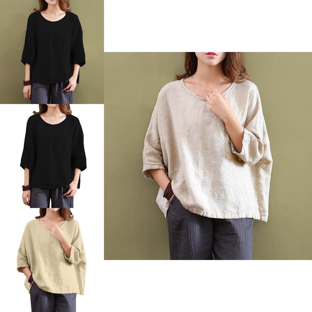 Vintage Women 34 Sleeve O Neck Cotton Linen Loose Casual Shirt Top Blouse
