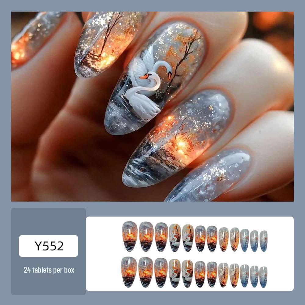 Dreamy Swan Almond-Shaped Gradient Nail Art Stickers - Luxurious & Wearable Nail Tips.