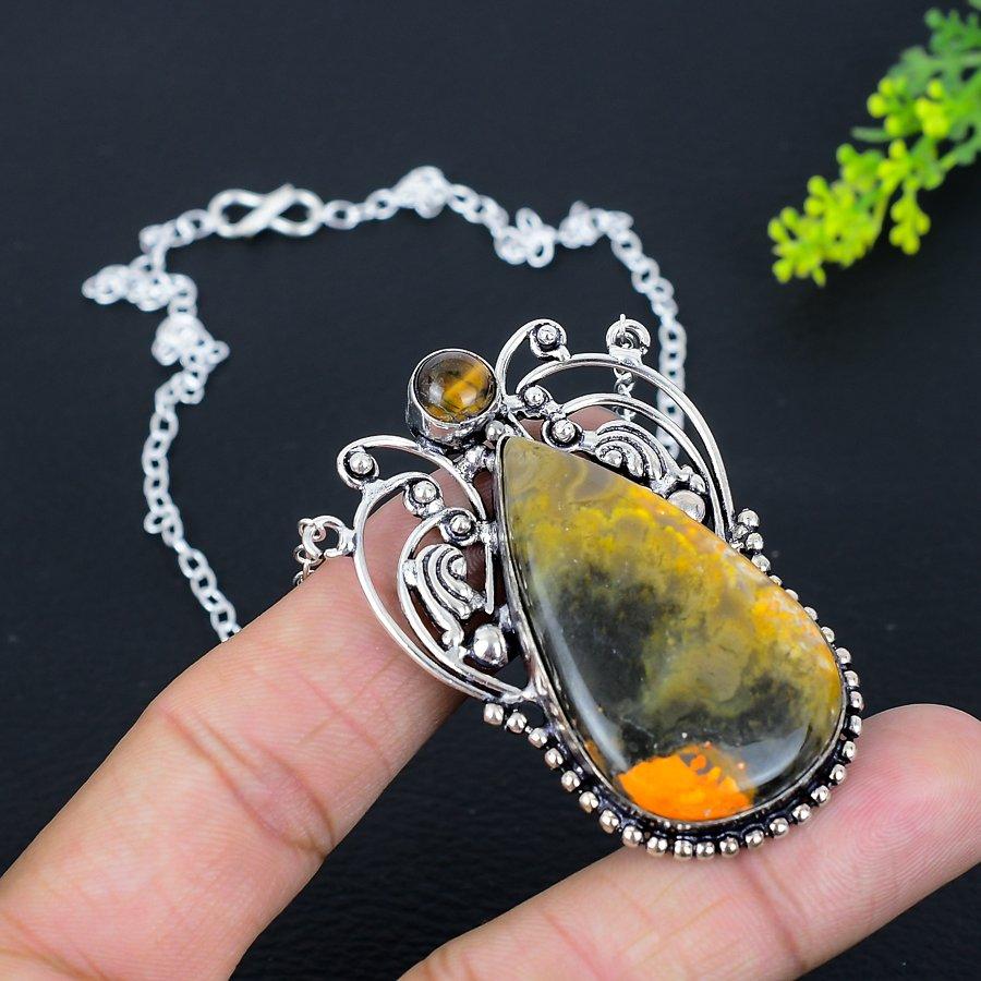 Natural Bumblebee Jasper,Tiger Eye Stone 925 Sterling Silver Necklace 18" O3d43