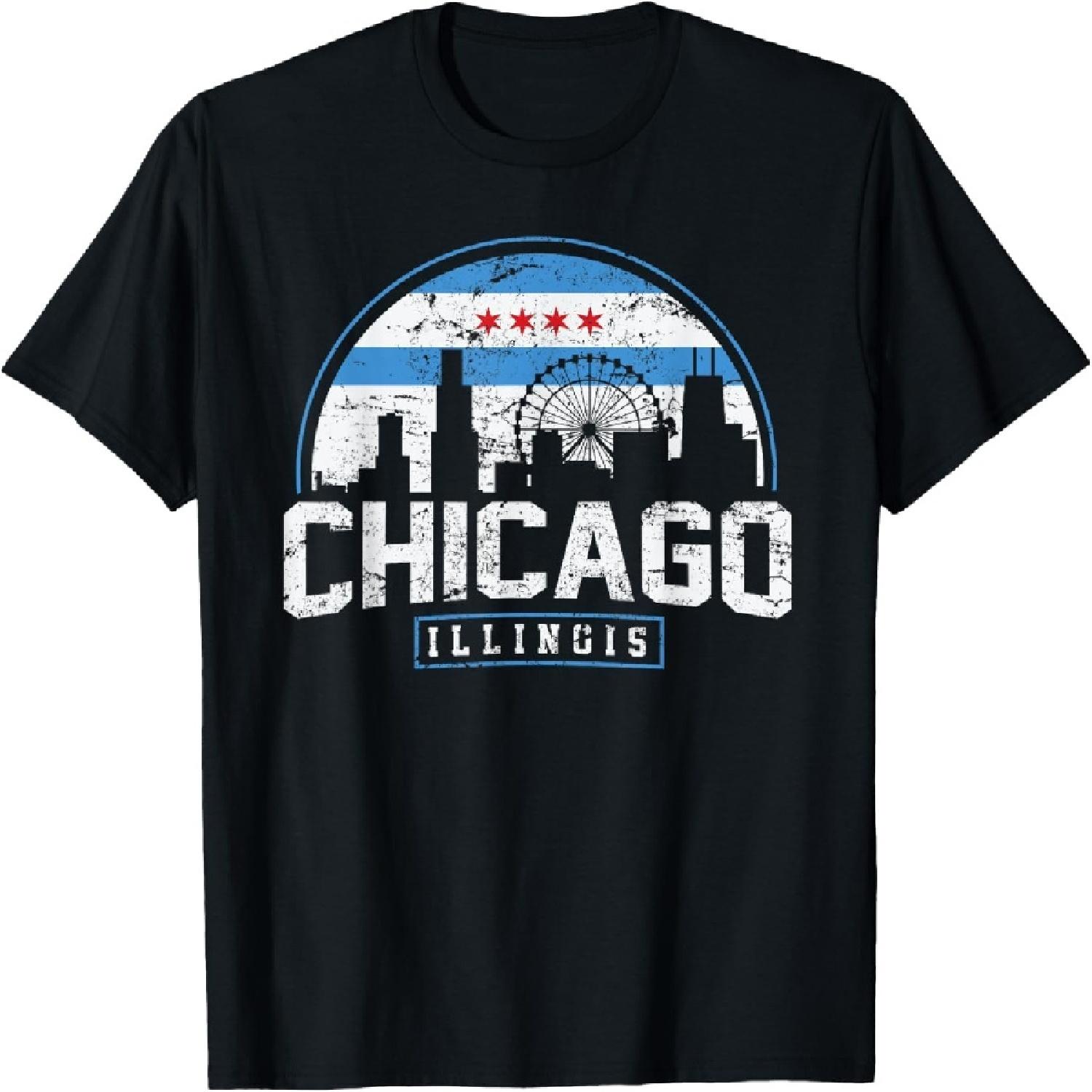 

Chicago Illinois Flag Tees Vintage Skyline Shirt Men Women T-Shirt XXXXXL чорний