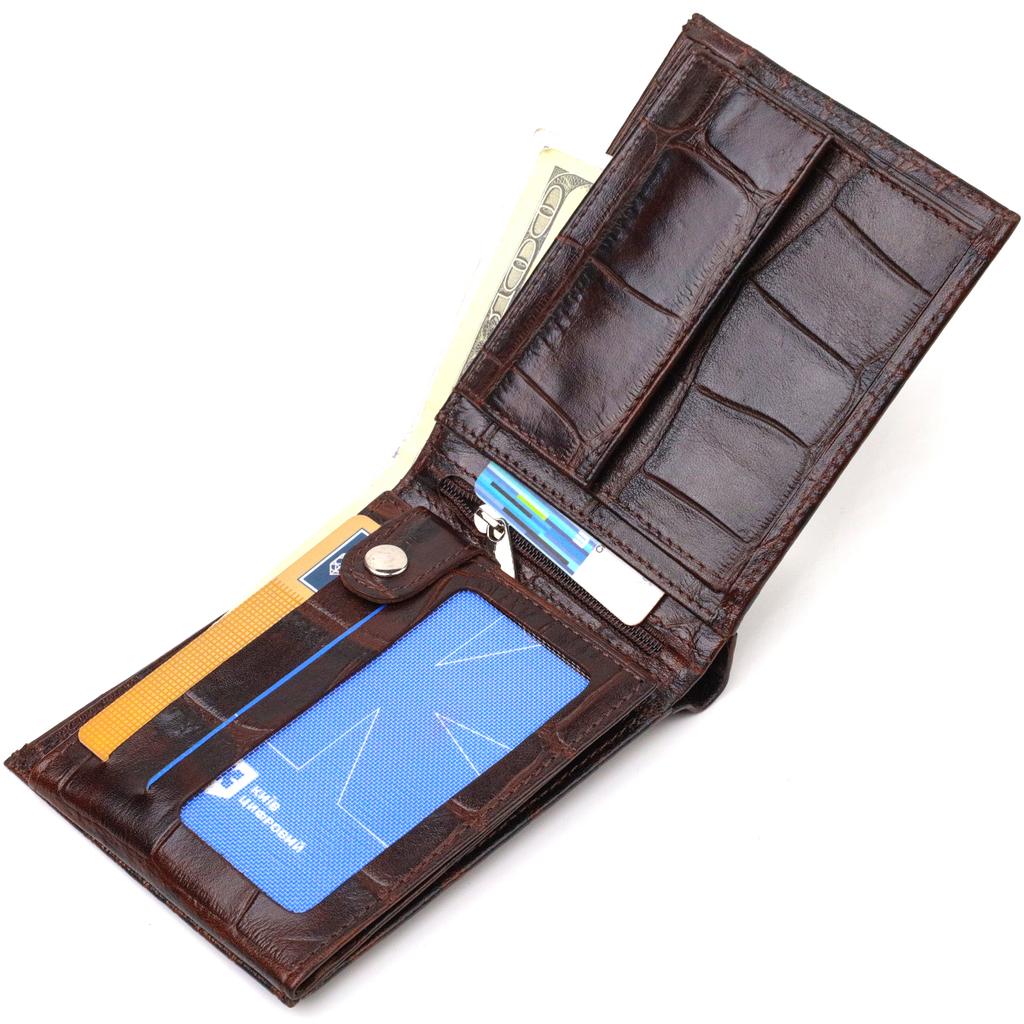 Fashionable Horizontal Men's Wallet of Medium Size Made of Genuine Leather with Crocodile Embossing CANPELLINI 21865 Brown