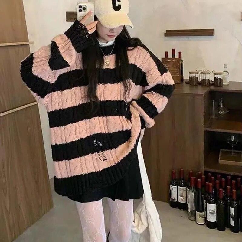 Punk Style Irregular Ripped Sweater Women's Striped Knit Pullover Loose Long-sleeve Crew Neck Top Twist Pullover Coat Korean Fashion