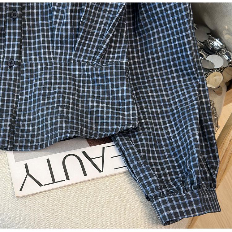 Korean Spring Casual Plaid Blue Women's Cropped Waist-Cinching Long Sleeve Shirt