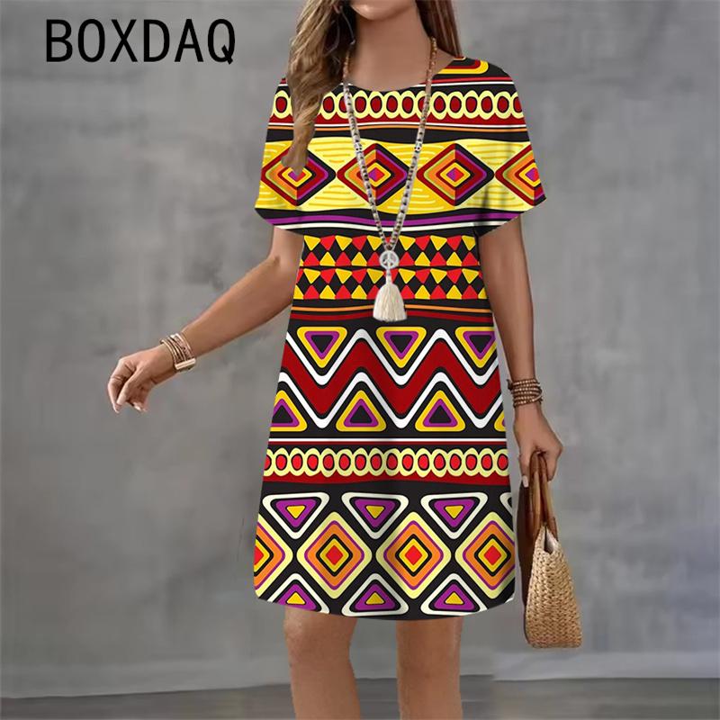 3D India Style Printed Dress Round Neck Short Sleeve Casual Mini Skirt for Women Summer 2026 New Beach Party Dress Vestidos