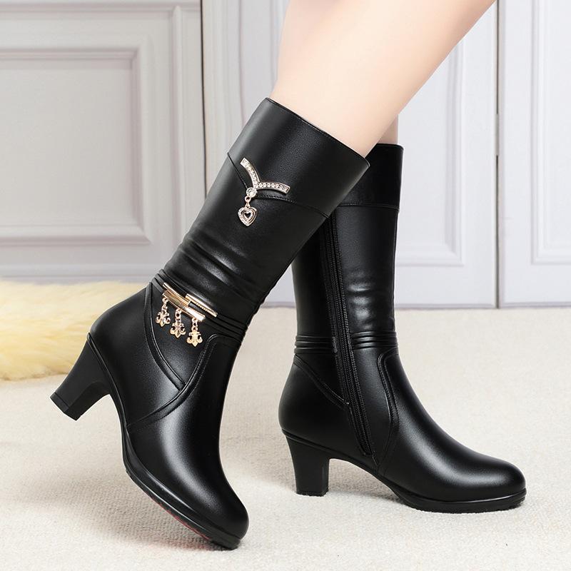 Women Comfortable Fleece Medium Boots Autumn Winter New Style Thick Heel Side Zipper Pointed Fashion High Heels Boots Elegant