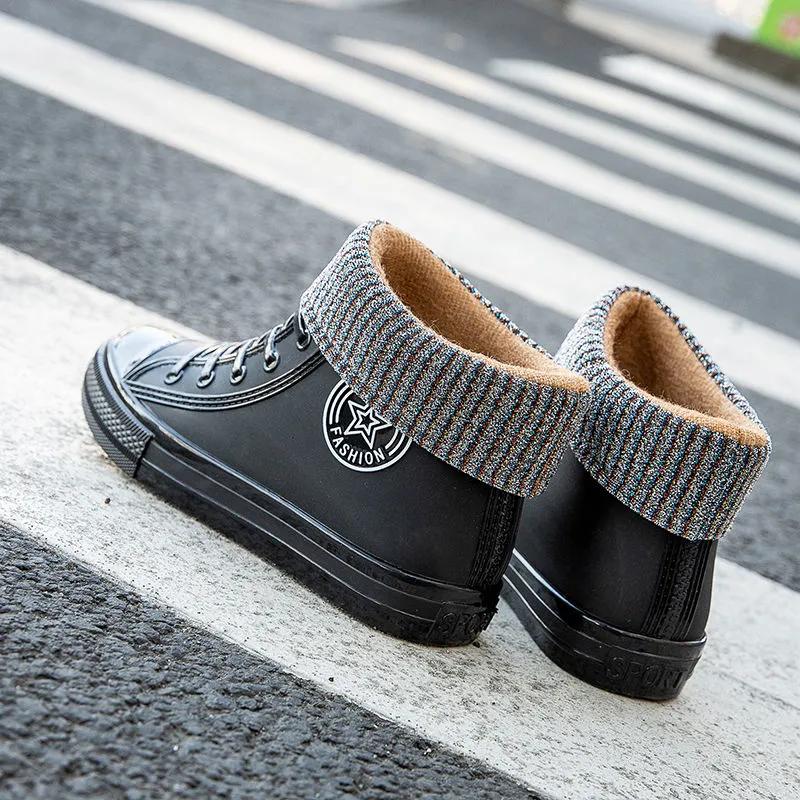 Adult Waterproof PVC Canvas Shoes Women Platform Ankle Rain Boots Outdoor Rain Shoe Ladies Non Slip Plus Cotton Silicone Boots