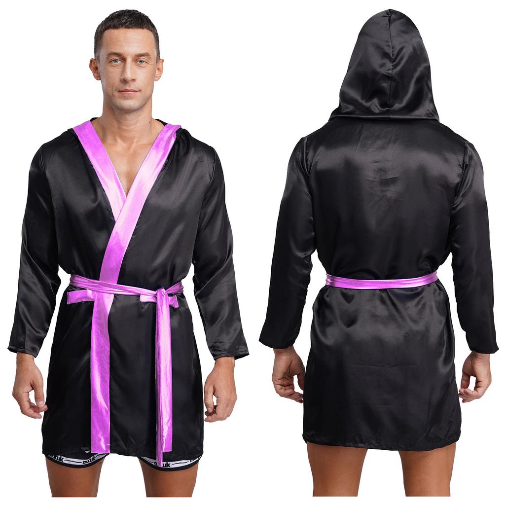 Mens Satin Hooded Cloak Shiny Trim Open Front Belt Boxing Robe