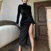 Women's Fashion Solid Colour High Neck Long Velvet Slim Fit Crinkled Split Dress