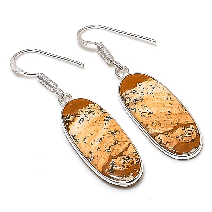 Натуральный Камень Яшма Картина Ручная Работа Серьга из Стерлингового Серебра 925 пробы 1,81 AE-11581