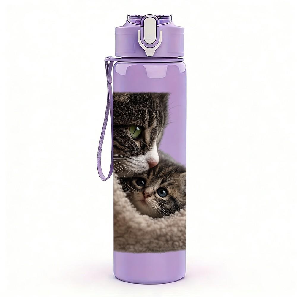 1PC Cat Curled Inside Soft Sack Print 750ml Color Plastic Sports Water Bottle Leakproof Flip Straw Lid Suitable for Sports Office Home Use