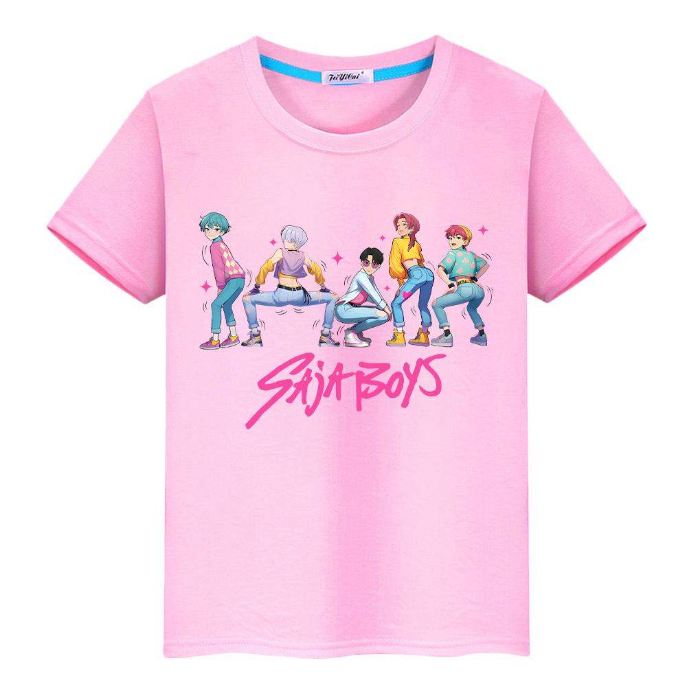 

Saja Мальчики Принт 100%Хлопок футболка для детей мальчик 10лет Kawaii Футболки kpop охотники на демонов Милые Топы аниме Короткий y2k одежда для девочек 160 розовый