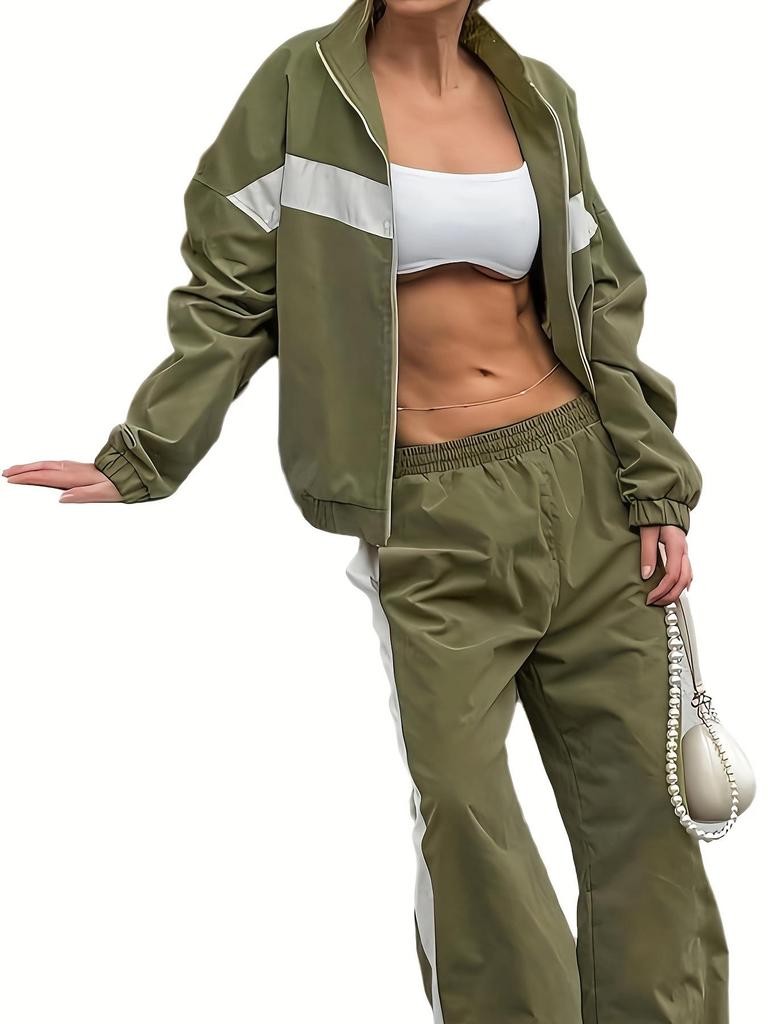 Autumn/Winter 2025 Women's Color Block Sports Suit: Casual Two-Piece Set for Commute