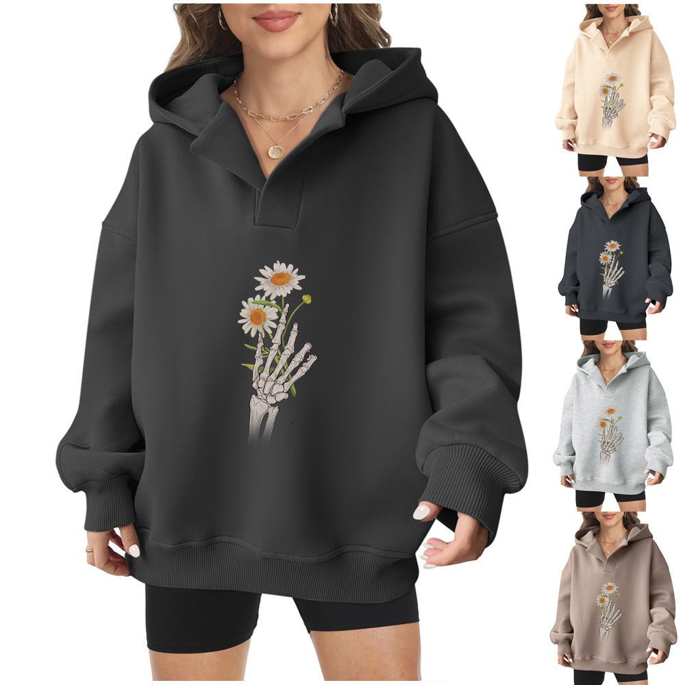 2025 new European and American Halloween women's hooded sweater front and rear pattern winter fleece loose casual