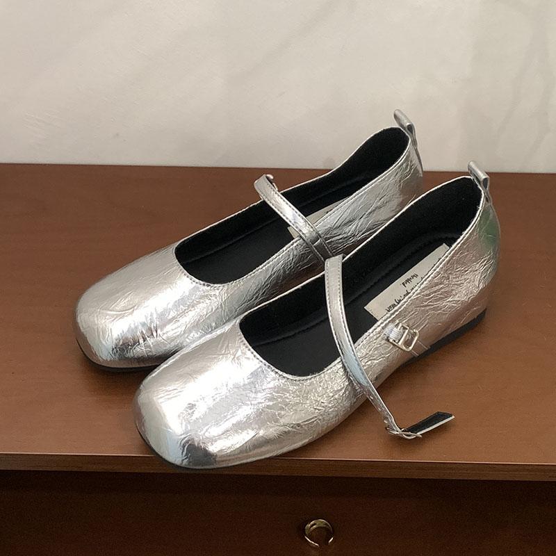 

Мода Новинка 2025 Женские Неглубокие Туфли-Мэри Джейн Балетки Мода Ремешок с Пряжкой Женские Балетки Обувь с Увеличением Высоты 35 серебряный