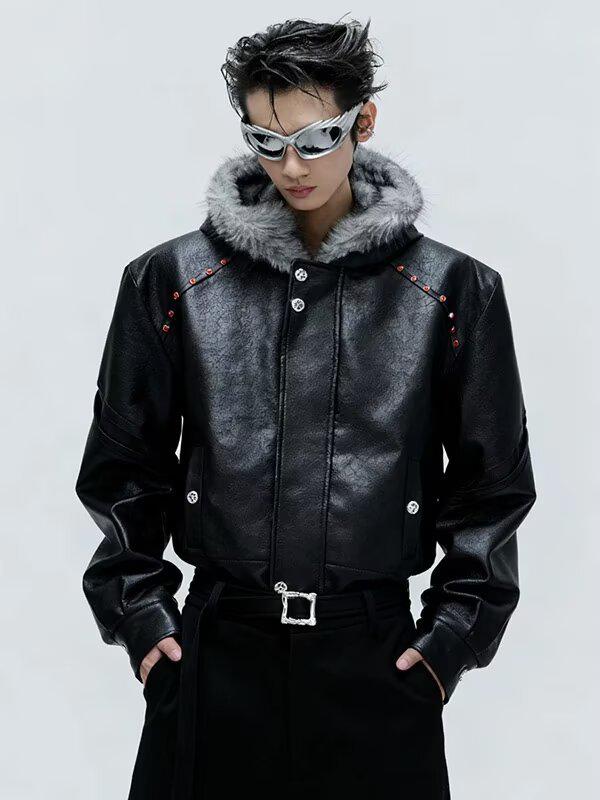 Men's American-Style Black Hooded Leather Jacket with Fur Collar - Winter Plus Velvet Thickened Cotton Coat