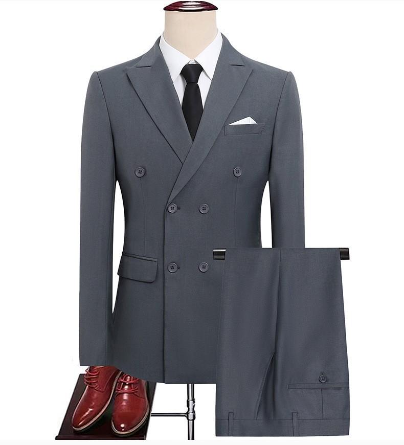Men Plus Size Double Breasted Solid Color Slim Fit British Style Two Piece Suit