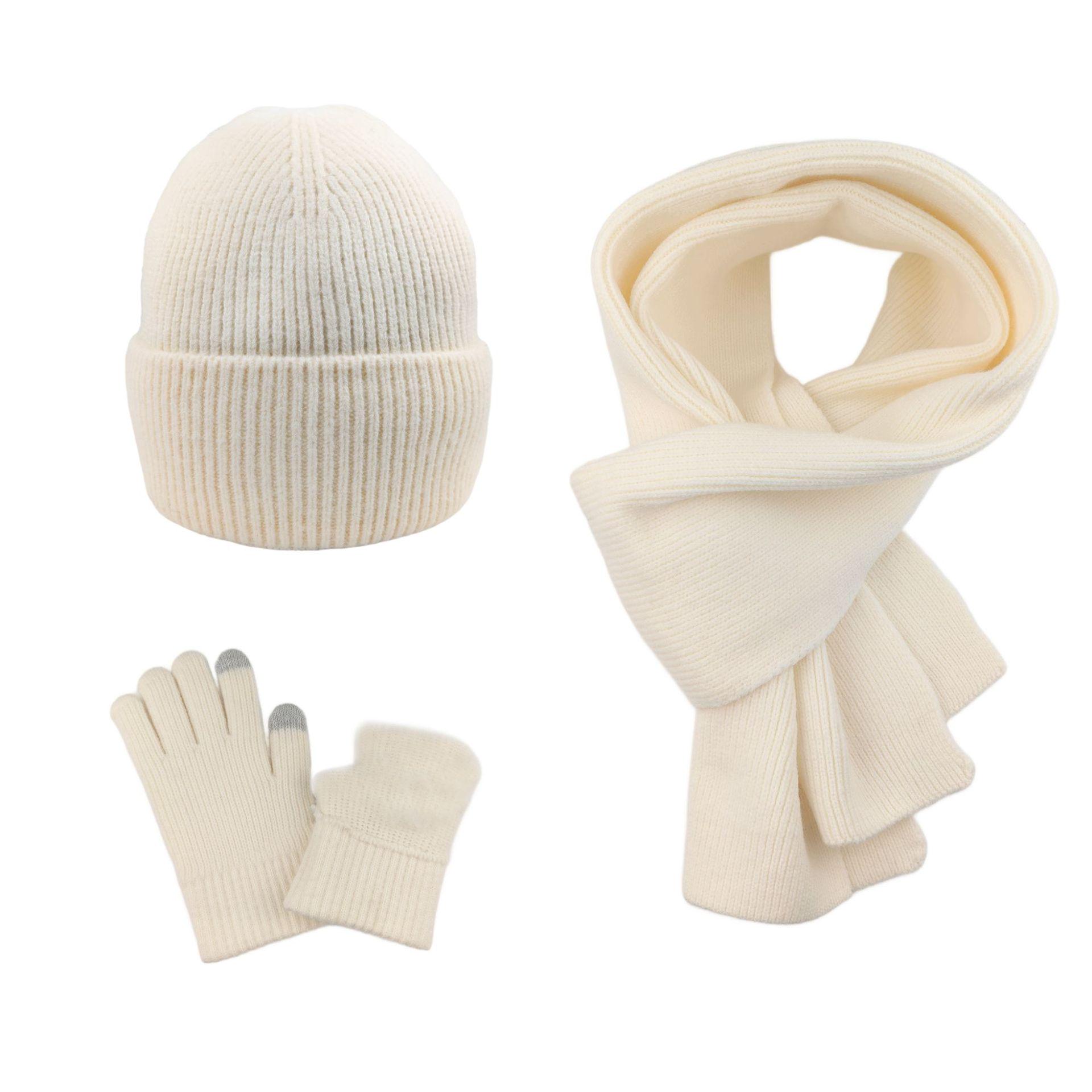 

Комплект 2025 года однотонной вязаной шерстяной шапки, шарфа и перчаток - Красный имитация кашемира, теплый для осени и зимы белый/кремовый
