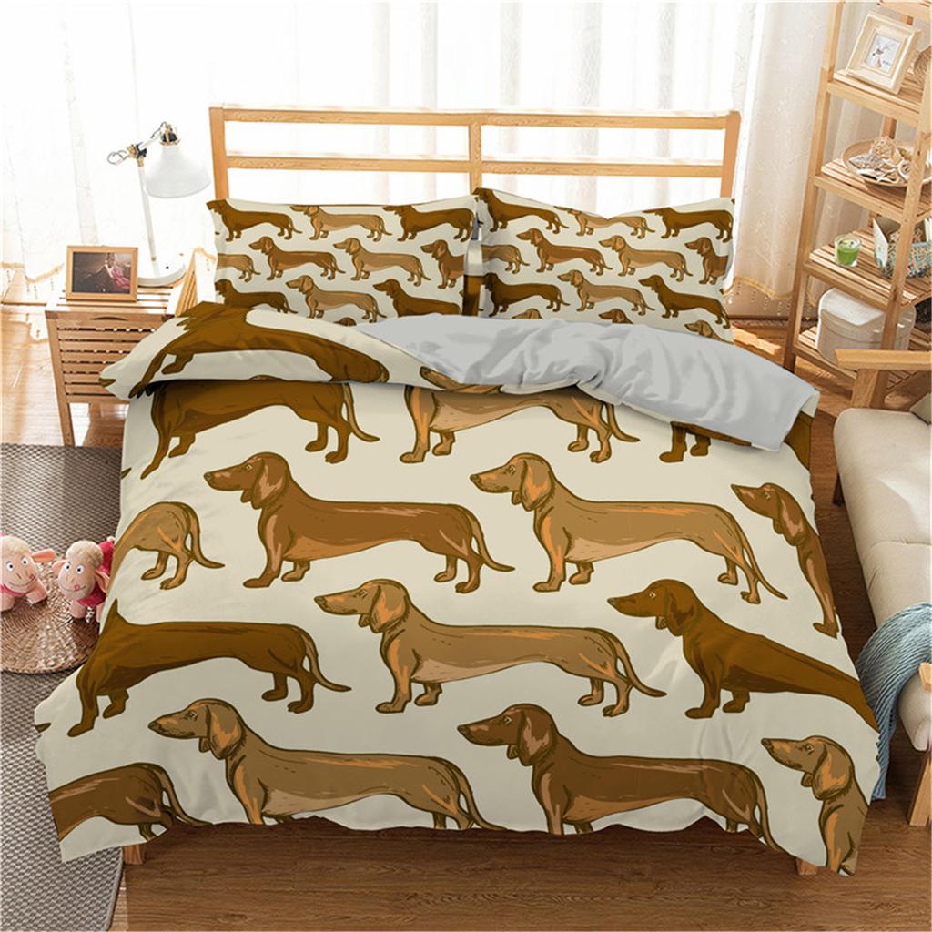 Sausage Dog Print Duvet Cover Set Queen King Full Size Cartoon Dachshund Puppy Bedding Set for Boy Kid Polyester Comforter Cover