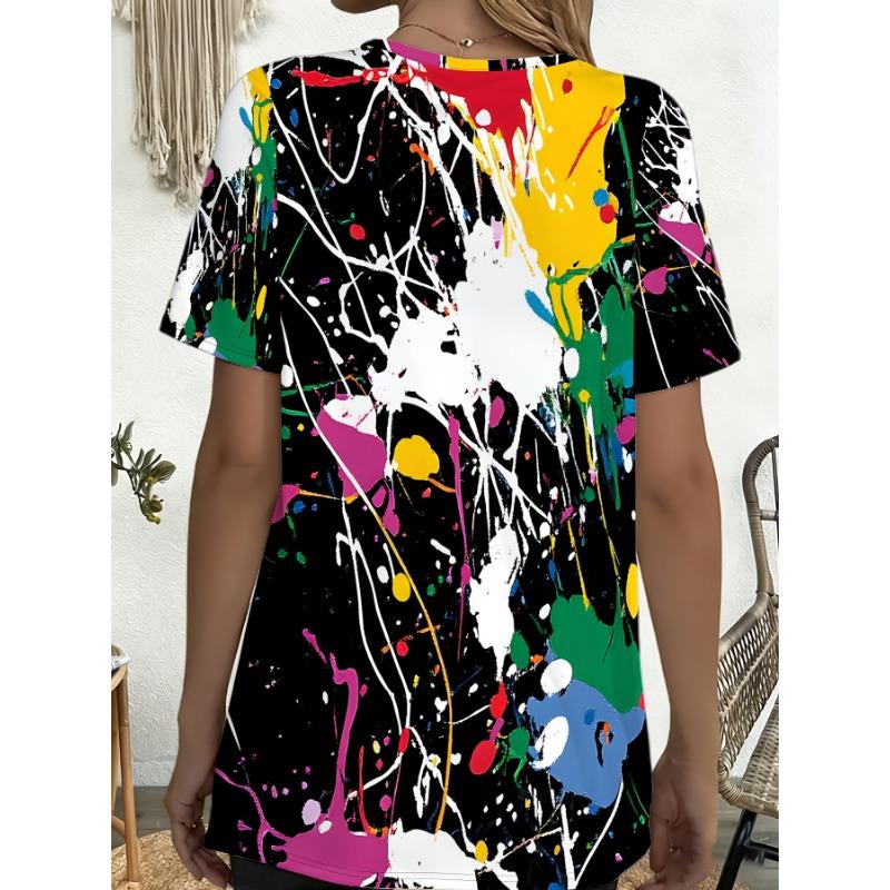 Women'S Summer Artistic Splatter Graffiti Print Pocket Round Neck Short Sleeve T-Shirt Athletic Casual Comfortable Top