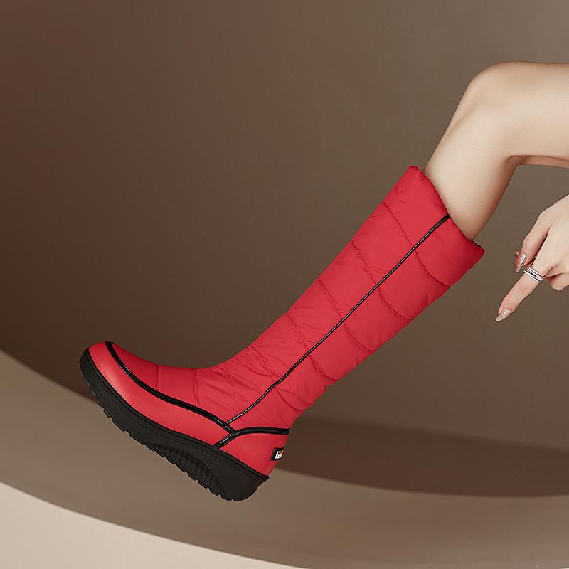 Frost Winter Warm Snow Boots Women White Black Red Knee High Booties Size 44 Waterproof PU Patchwork Down Platform Wedges Shoes
