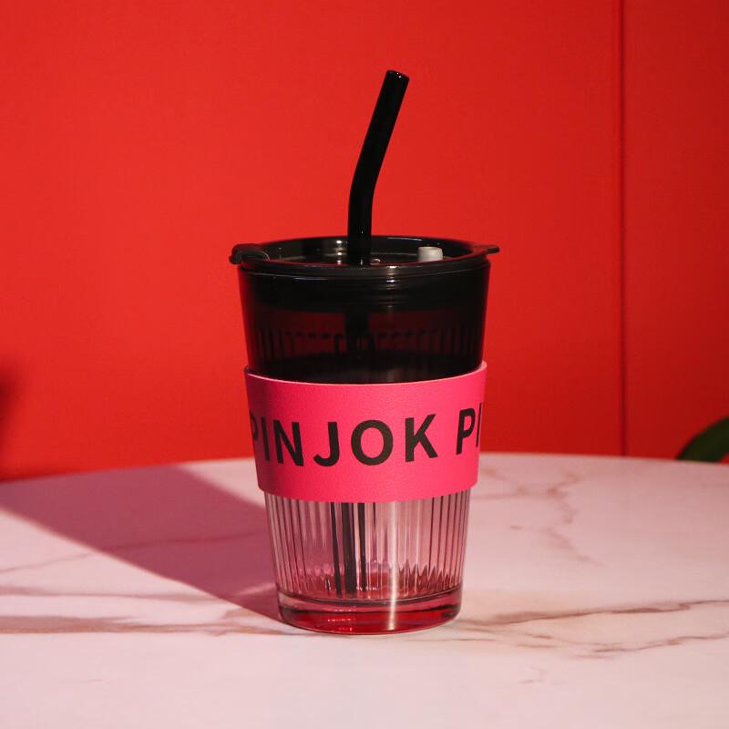 WJ Vertical Stripe Glass Straw Coffee Cup 400ml