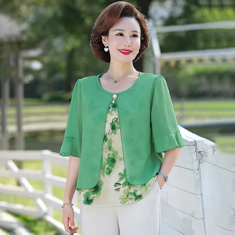 

Women s Summer Plus Size Temperament Elegant Chiffon Shirt Middle-aged Loose Casual Short Sleeve T-shirt 5XL зелений