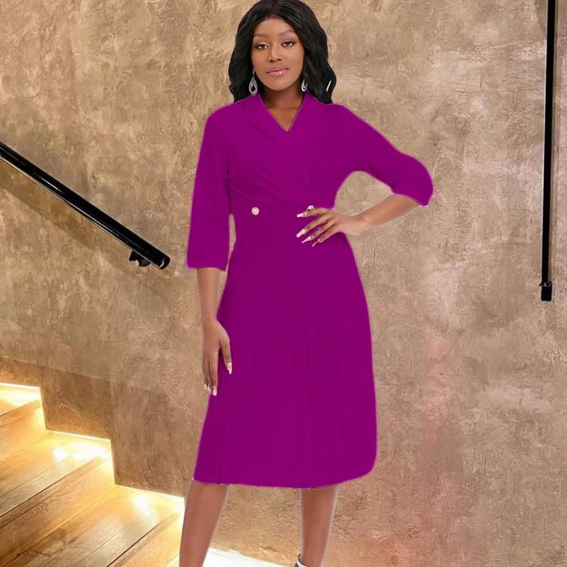 Large size women's clothing autumn and winter new suit collar solid color temperament pleated dress